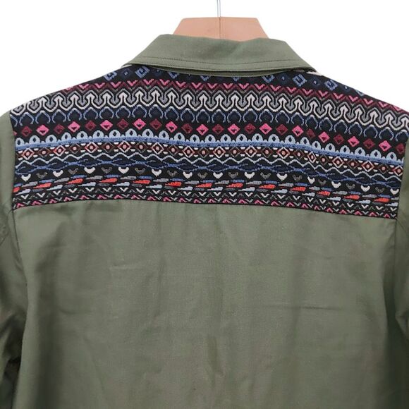 ModCloth Jacket Womens Medium Green Aztec Embroidered Front Button Twill Cotton - Picture 8 of 12